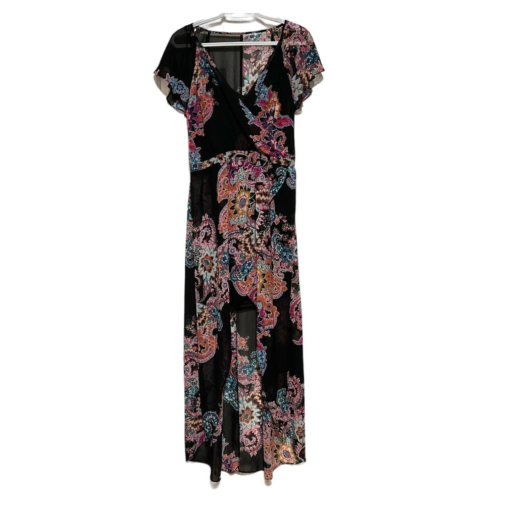 Express Women's Black Purple Teal Short‎ Sleeve High Low Dress Size M
